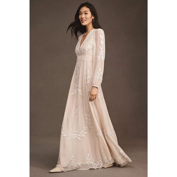 New Anthropologie BHLDN Belize Embroidered A-Line Long-Sleeve V-Neck Gown Sz 12 - Picture 4 of 10